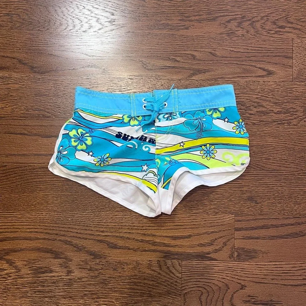 y2k KIDS girls ocean pacific blue & green hibiscus print board swim shorts small